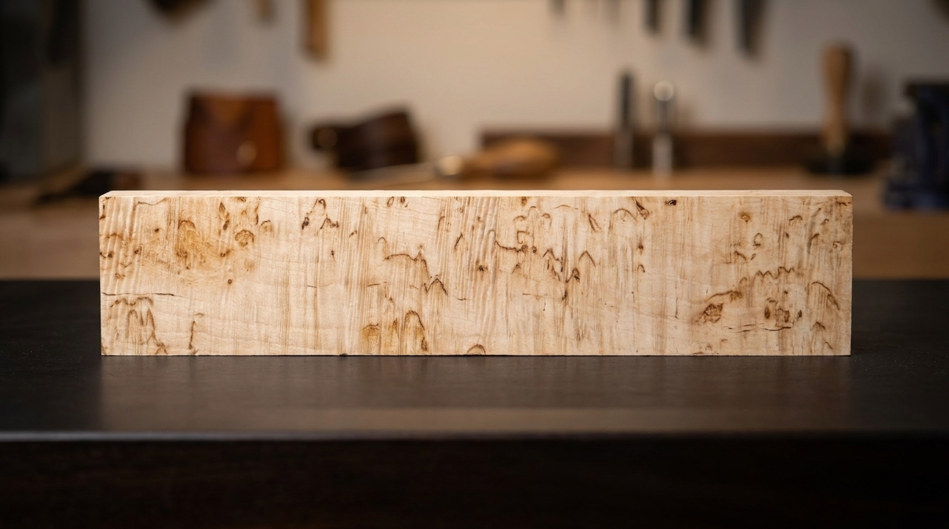 A raw block of rare Masur Birch from Estonia, showcasing its unique, burled figure, awaiting its transformation in the workshop.