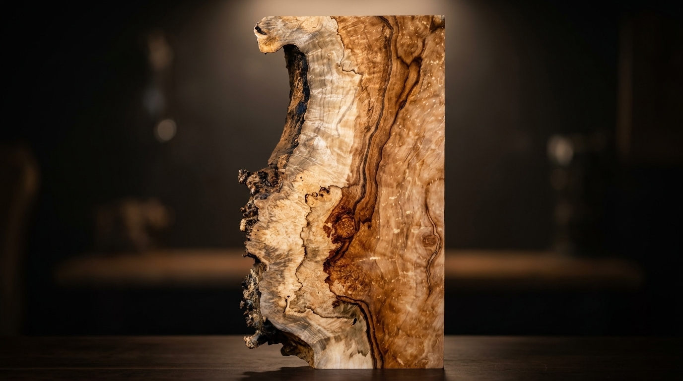 A unique block of Spalted Ambrosia Maple Burl, destined for bow riser material, stands upright on a dark surface.