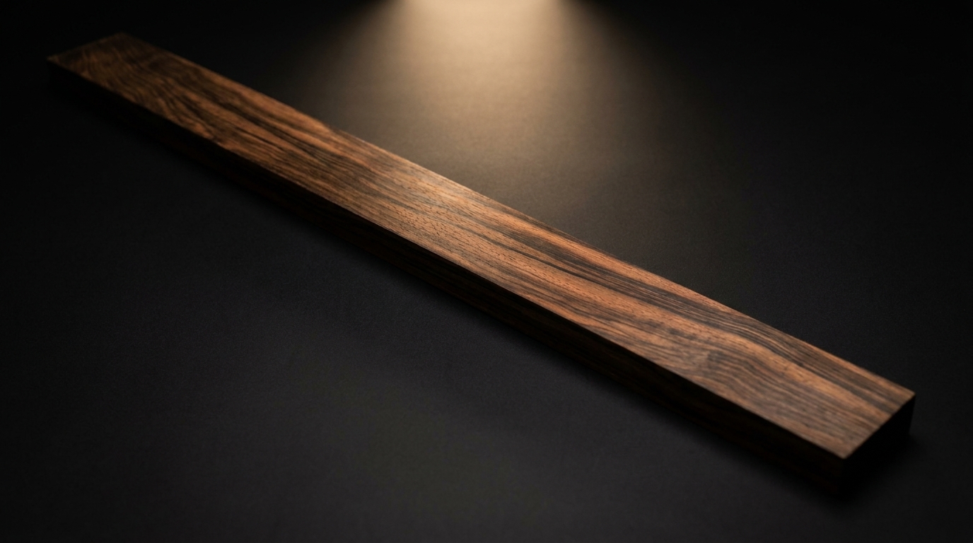 Macassar ebony plank under studio light showing dark ribbon figure and subtle chatoyance.