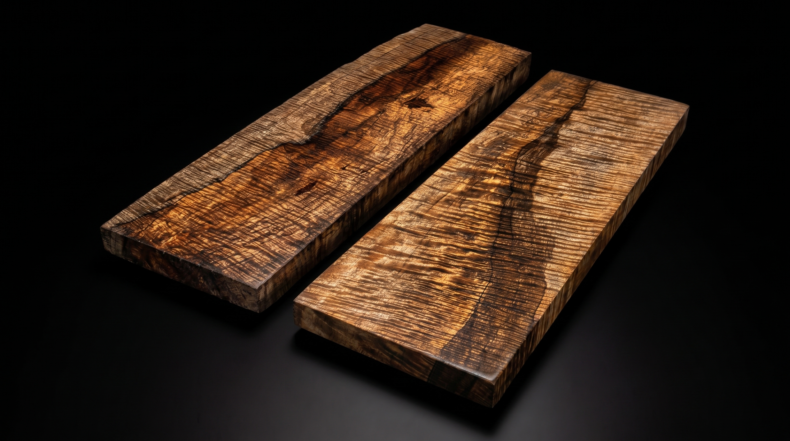 Two highly figured, tri-color Mango wood pieces with tight curl, sourced from Southeast Asia, awaiting their destiny in the Imperator workshop.