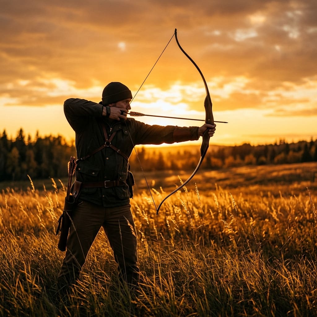Archer in the Texas brush at full draw with a custom Imperator recurve bow
