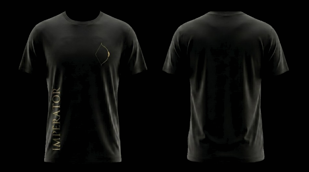 Aquila "Full Draw" tee — gold bow on chest, vertical IMPERATOR at side seam, plain back