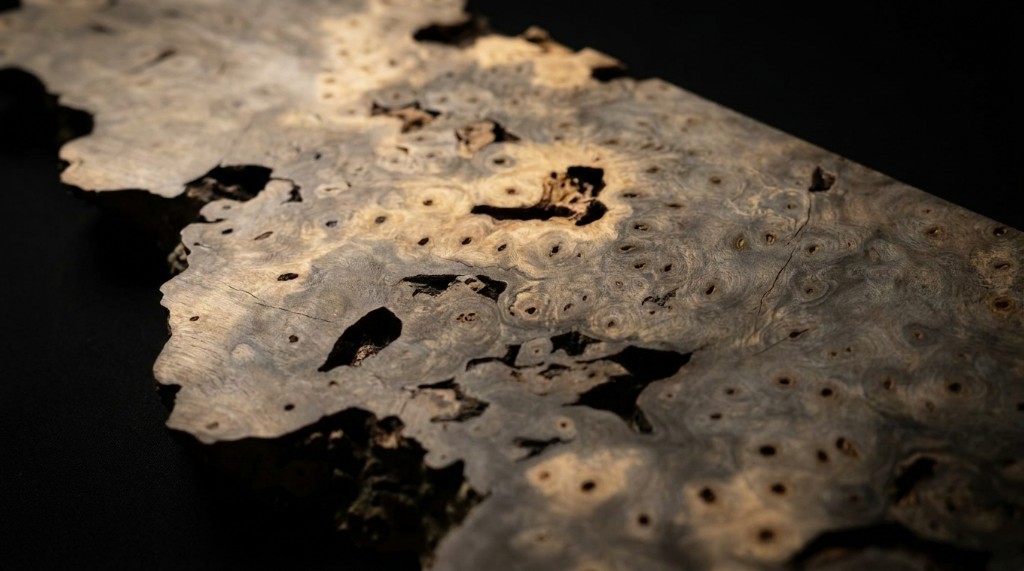 Highly figured buckeye burl blank with natural voids, lit on a black field