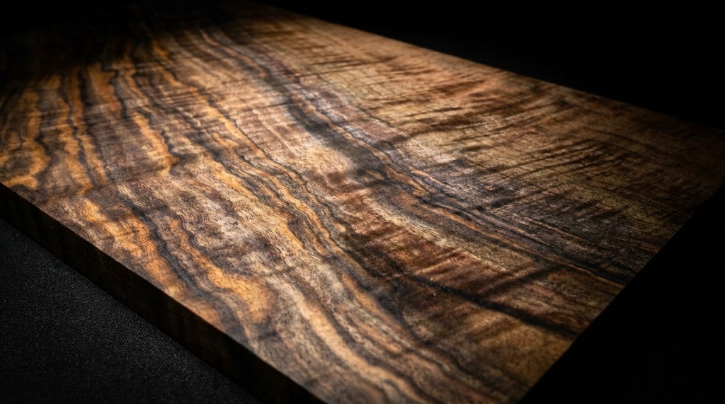 Claro walnut slab with swirling burl figure on a dark ground