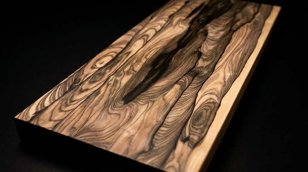 Exotic ebony-type board with high-contrast spiderweb grain under directional light
